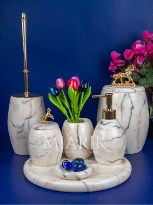 Miarik Design Dekoratif Afton Şekeridamarli Mermer Banyo Seti Takımı 7 Li Gold Aksesuar Detaylı Tasarım Set