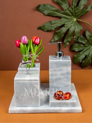 Miarik Design Dekoratif Grı Mermer Düz Kare Gümüş Uçan Geyik Detaylı 5 Li Banyo Seti Takımı