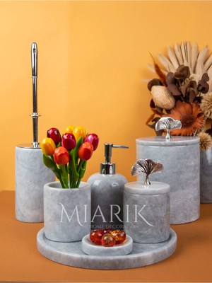 Miarik Design Dekoratif Mermer Sılver Gınko Cıcek Detaylı 7li Banyo Seti Takımı