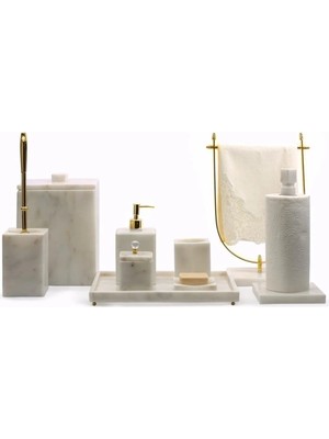 Miarik Design 9'lu Beyaz Mermer Kare Formlu Banyo Seti Gold