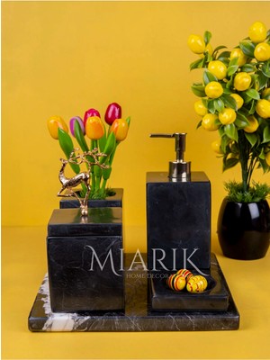 Miarik Design Dekoratif Sıyah Mermer Düz Kare Gold Uçan Geyik Detaylı 5 Li Banyo Seti Takımı