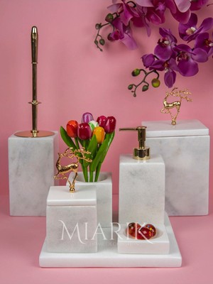 Miarik Design Dekoratif Beyaz Mermer Gold Uçan Geyık Detaylı 7 Li Kare Banyo Seti Takımı