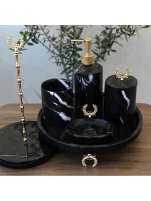 Miarik Design Dekoratif Sıyah Mermer Gold Altın Celenk Detaylı 5 Li Banyo Seti Takımı