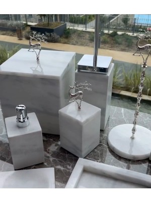 Miarik Design Dekoratif Beyaz Mermer Düz Kare Sılver Geyık Detaylı 7 Li Banyo Seti Takımı