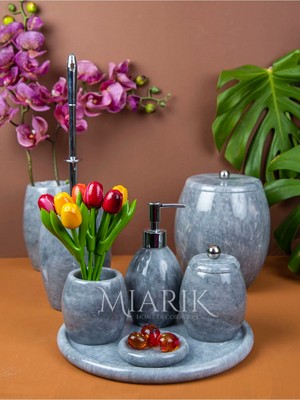 Miarik Design Dekoratif Gri Mermer Banyo Seti Takımı 7 Li Gümüş Top Detaylı Tasarım Set
