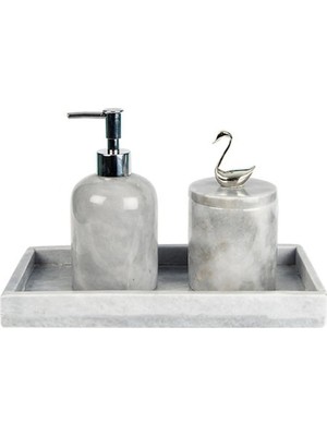 Miarik Design Dekoratif Gri Mermer Gümüş Kuğu Detaylı Dikdortgen Tepsı 3 Lu Banyo Seti Takımı