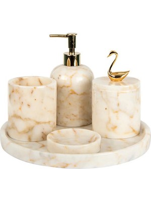 Miarik Design Dekoratif Afyon Şekeri Mermer Gold Altın Kuğu Detaylı 5 Li Banyo Seti Takımı