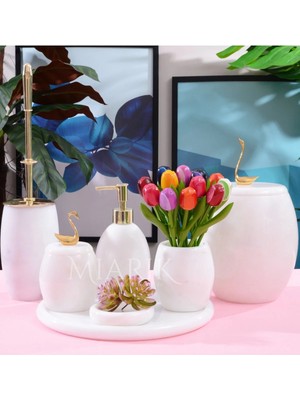 Miarik Design Dekoratif Beyaz Mermer Banyo Seti Takımı 7 Li Gold Kuğu Detaylı Tasarım Set
