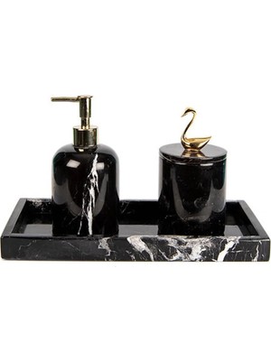 Miarik Design Dekoratif Sıyah Mermer Gold Altın Mercan Detaylı Dikdortgen Tepsı 3 Lu Banyo Seti Takımı
