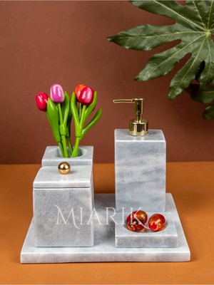 Miarik Design Dekoratif Gri Mermer Düz Kareli Gold Detaylı 5 Li Banyo Seti Takımı