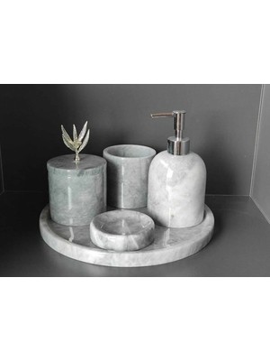 Miarik Design Dekoratif Grı Mermer Gumus Zeytin Dalı Detaylı 5 Li Banyo Seti Takımı