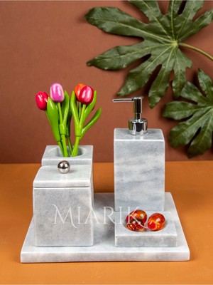 Miarik Design Dekoratif Gri Mermer Düz Kareli Gümüş Detaylı 5 Li Banyo Seti Takımı
