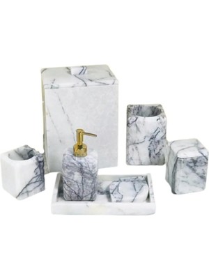 Miarik Design Dekoratif Leylak Beyaz Mermer Düz Kare Gold Detaylı 7 Li Banyo Seti Takımı