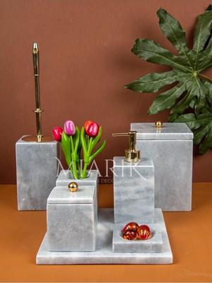Miarik Design Dekoratif Gri Mermer Düz Kare Gold Detaylı 7'li Banyo Seti Takımı