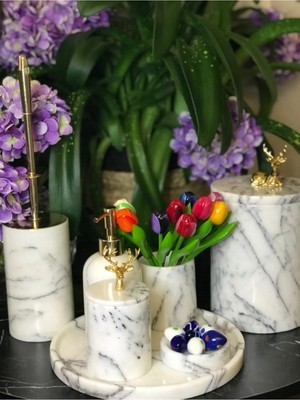 Miarik Design Dekoratif Leylak Mermer Gold Altın Ceylan ve Geyık Detaylı 7 Li Banyo Seti Takımı