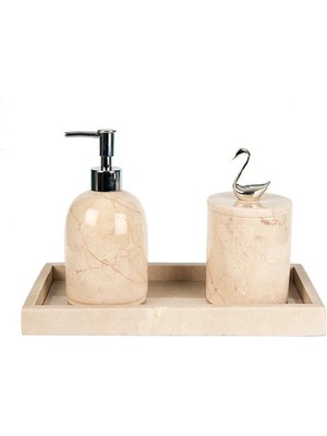 Miarik Design Dekoratif Bej Mermer Gümüş Kuğu Detaylı Dikdortgen Tepsı 3 Lu Banyo Seti Takımı