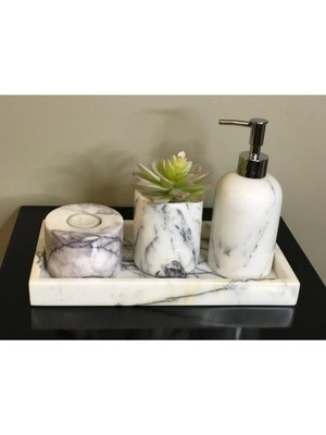 Miarik Design Dekoratif Leylak Mermer Gümüş Detaylı 4 Lü Banyo Seti Takımı