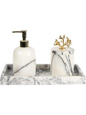 Miarik Design Dekoratif Leylak Mermer Gold Altın Mercan Detaylı Dikdortgen Tepsı 3 Lu Banyo Seti Takımı