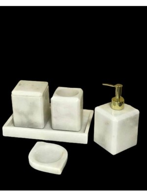 Miarik Design Dekoratif Beyaz Mermer Düz Kareli Gold Detaylı 5 Li Banyo Seti Takımı