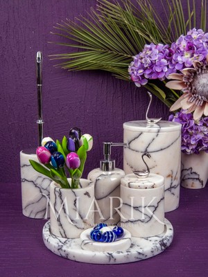 Miarik Design Dekoratif Leylak Mermer Gümüş Kuş Kuğu Detaylı 7 Li Banyo Seti Takımı