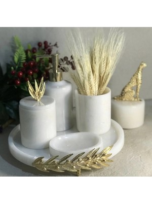 Miarik Design Dekoratif Beyaz Mermer Altın Zeytin Dalı Detaylı 5'li Banyo Seti Takımı