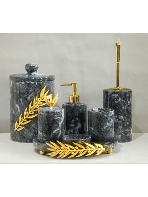 Miarik Design Dekoratif Gri Mermer Gold Zeytin Dalı Detaylı 7 Li Banyo Seti Takımı