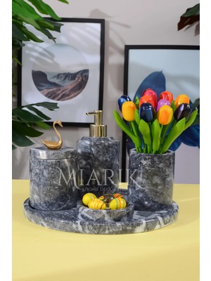 Miarik Design Dekoratif Koyu Gri Mermer Gold Kuş Kuğu Detaylı 5 Li Banyo Seti Takımı