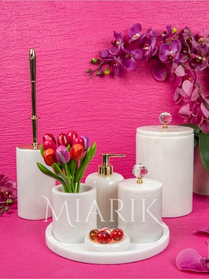 Miarik Design Dekoratif Beyaz Mermer Gold Kristal Detaylı 7 Li Banyo Seti Takımı
