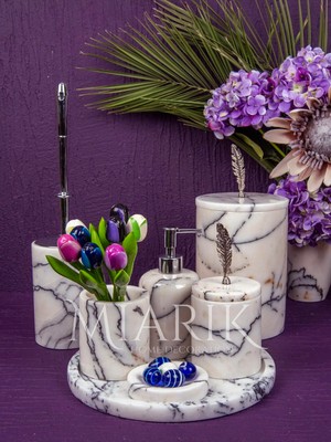 Miarik Design Dekoratif Leylak Beyaz Mermer Gümüş Tüy Detaylı 7 Li Banyo Seti Takımı