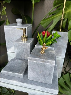 Miarik Design Dekoratif Grı Mermer Gold Melek Detaylı 7 Li Banyo Seti Takımı