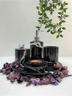 Miarik Design Dekoratif Siyah Mermer Gümüş Kuş Detaylı 5 Li Banyo Seti Takımı