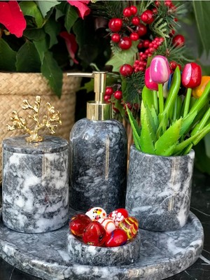 Miarik Design Dekoratif Koyu Grı Mermer Gold Mercan Detaylı 5 Li Banyo Seti Takımı