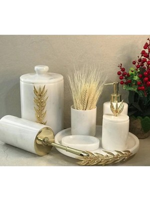 Miarik Design Dekoratif Beyaz Mermer Altın Zeytin Dalı Detaylı 7 Li Banyo Seti Takımı