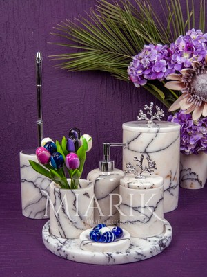 Miarik Design Dekoratif Leylak Beyaz Mermer Gümüş Mercan Detaylı 7 Li Banyo Seti Takımı