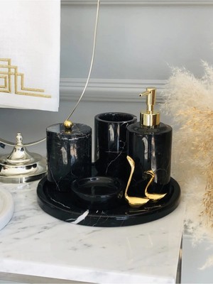 Miarik Design Kuğulu Siyah Mermer Banyo Seti