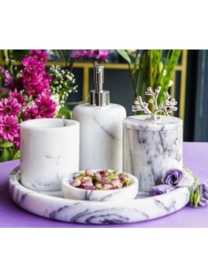Miarik Design Dekoratif Leylak Mermer Gümüş Mercan Detaylı 5 Li Banyo Seti Takımı