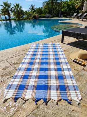 Ludia Ludıa %100 Pamuk Ekose Peştemal Havlu Mavi Çizgili Saçaklı Plaj ve Banyo Peştemali 79X190 cm