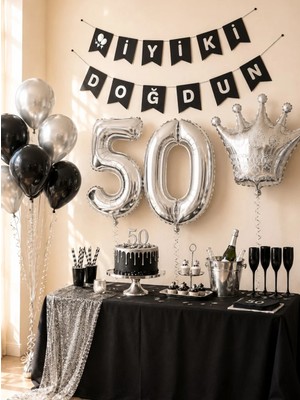Parti Adresi 50 Yaş Balon Seti Doğum Günü Parti Seti Siyah Gümüş