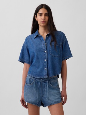 Gap Kadın Mavi Ultrasoft Denim Oversized Kamp Gömlek