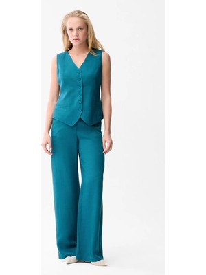 Love My Body Keten Cepli Bol Paça Pantolon Petrol 153L9368004