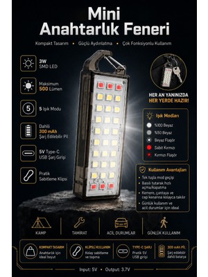 Telvesse 30 LED 5 Mod Mini Anahtarlık El Feneri Kırmızı-Beyaz Işık Type-C LED Lamba Acil Durum Işığı 6893