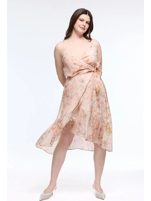 Love My Body  Desenli Volanlı Kolsuz Elbise Pudra 124L9904000