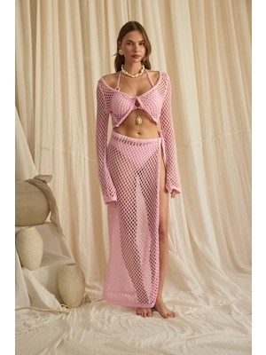 Bohemai Rubina Pembe Triko Crop Etek Takım