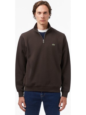 Lacoste Men's Classic Fit Neck Zip Sweatshirt Yarım Fermuarlı Yüksek Yaka Pamuklu Sweatshirt Kahverengi