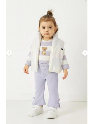 Ay Kids Kız Bebek 3’lü Takım Yelekli Sweatshirt ve Fiyonklu Pantolon Takım 1069-Y
