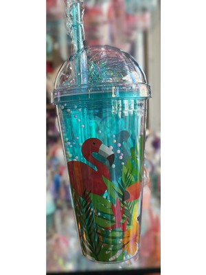 Ada Çanta Kırtasiye Flamingo Figürlü Işıklı Model Süslü Kapaklı Pipetli Plastik Bardak 450ML NR490195