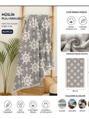 Dolce Mariee Müslin Plaj Havlusu 80X190 cm Püsküllü Denizci Dümeni Desenli %100 Pamuk Peştamal Havlu Hızlı Kuruyan Kum Tutmayan
