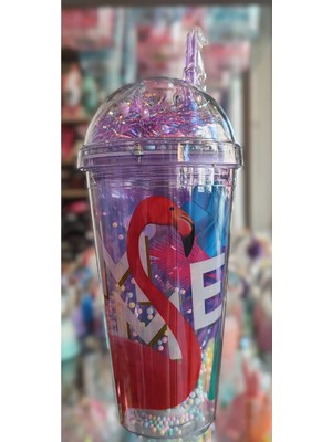 Ada Çanta Kırtasiye Flamingo Figürlü Işıklı Model Süslü Kapaklı Pipetli Plastik Bardak 450ML NR418255