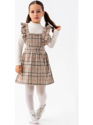 Ay Kids Kız Çocuk Ekose Askılı Elbise Takım – Fırfır Detaylı & Uzun Kollu Bluz-1570-V-