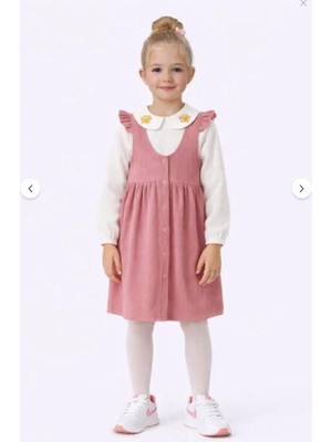 Ay Kids Kız Çocuk  Askılı Fitilli Elbise Takım – Çiçek İşlemeli Yaka Detaylı Bluz-1554-P-